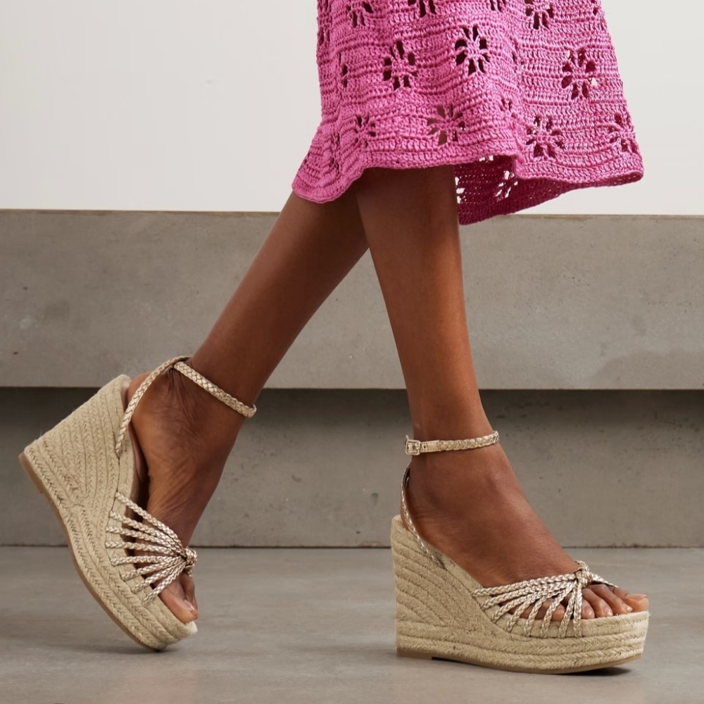 Loeffler Randall Wedge Sandals 10 Golden Woven Leather Pamela Mignon New $484